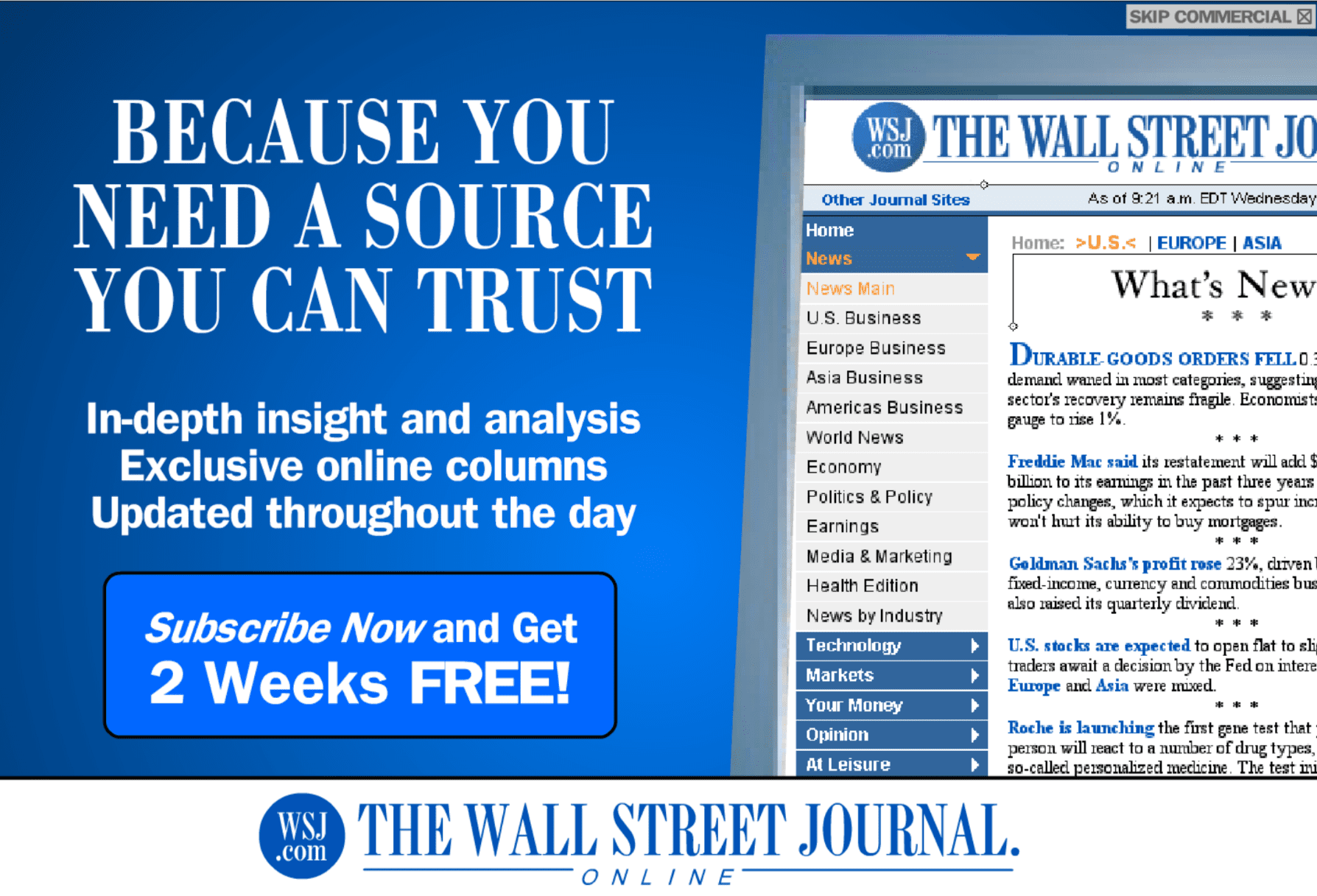 The Wall Street Journal Online July 2003 Banner Ad screenshot