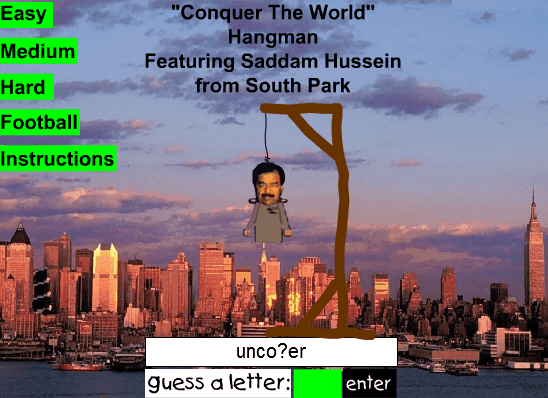 "Conquer The World" Hangman Featuring Saddam Hussein from South Park screenshot