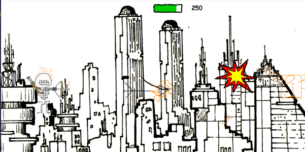 Bad game featureing a Skeleton who is on fire shooting arrows at wooden ships. screenshot
